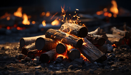 Poster - Glowing bonfire ignites nature heat, burning wood fuels inferno generated by AI