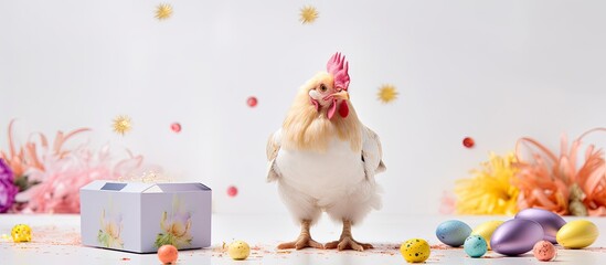 Sticker - In an Easter-themed photoshoot, a white chicken is captured on a white background, peering curiously at a box of colorful eggs inside a paper packaging. This organic and healthy breakfast food