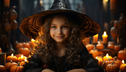 Poster - Cute child smiles, celebrating Halloween with spooky pumpkin decoration generated by AI