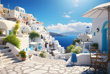 Fototapeta Natura - Griechische Stadt an einem Hang, mit weißen Gebäuden und blauen Dächern, vor blauem Meer, Urlaub, erstellt mit generativer KI