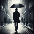 A man in a suit walks down a street holding an umbrella.