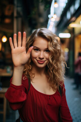 Wall Mural - Portrait capturing women extending a warm welcome with their hands