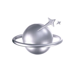 Wall Mural - 3d chrome galaxy planet icon with stars in y2k style isolated on white background. render of 3d silv