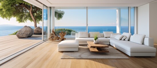 Canvas Print - Modern living room with views of the blue sea outside landscape. AI generated image