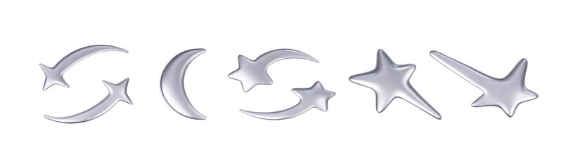 Wall Mural - 3d chrome stars set in y2k futuristic style isolated on dark background. render 3d cyber chrome gala