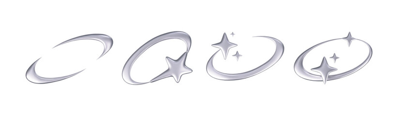 Wall Mural - 3d chrome stars set in y2k futuristic style isolated on dark background. render 3d cyber chrome gala