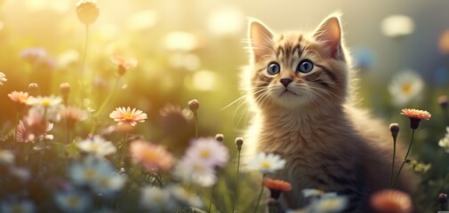 cute tabby baby cat in flower field, dreamy atmosphere background wallpaper, Generative Ai