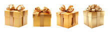 Set Of Golden, Gold Gift Box And Ribbon - Isolated Transparent PNG - Various Angles, Sizes, Models, Shapes
