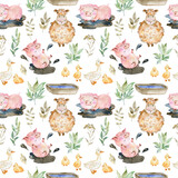 Fototapeta Dziecięca - Watercolor farm seamless pattern with animals and leaves. Cute cartoon characters.