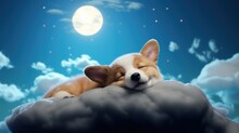  A Puppy Sleeping On Top Of A Cloud In The Night With A Full Moon In The Sky In The Background.