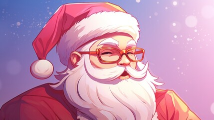 Wall Mural -  a digital painting of a santa claus wearing glasses and a santa hat with snow flakes on the ground behind him.