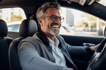 Middle aged man in the middle of the city inside a car and driving