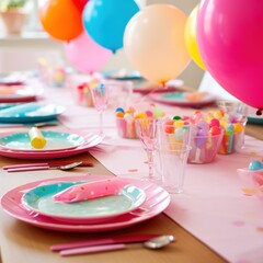 Poster - festive table setting with colorful plates, and balloons, ready for a fun and lively birthday party