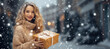 © Evgeniy Chemiakin - Beautiful cheerful young woman with Christmas or new year present. Positive emotions. Snowy weather. Poster, invitation, flyer, banner, header, greeting card. Holiday packing. Generative AI content