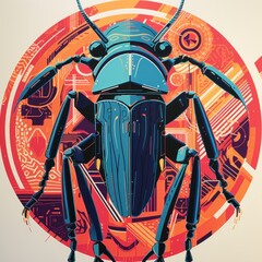 Canvas Print - A large insect with a blue and orange background, AI