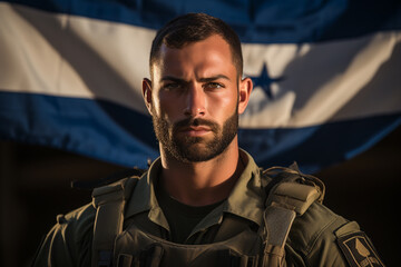 Wall Mural - Courageous Israeli soldier against the background of the flag, portrait. A beautiful, bold face looking into the camera. Blurred outdoor background. Close-up. Generative AI.