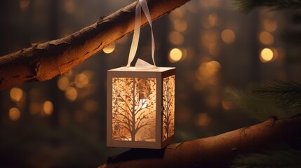 Sticker -  a lantern hanging from a tree branch with a light in the middle of the picture and a tree branch with lights in the background.