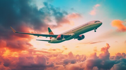 Wall Mural -  a large jetliner flying through a cloudy blue and orange sky with a sun setting in the sky behind it.