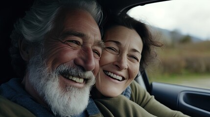 Wall Mural - happy mature couple in the backseat of a car