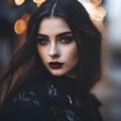 a beautiful woman with long dark hair wearing black lipstick and looking to the side