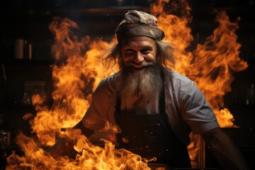 Portrait of an old man in apron cooking in the kitchen with fire flame Generative AI