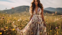 A Woman Wearing A Flowing Maxi Dress, Standing In A Field Of Wildflowers