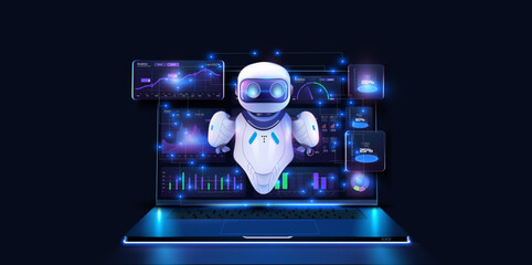 Leinwandbilder - AI helps programmer creates software. Futuristic technology transformation. Data analytics and insights powered by big data and artificial intelligence technologies. Vector illustration
