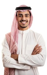 Wall Mural - Young smiling Arabian Saudi man with arms crossed in front of white background