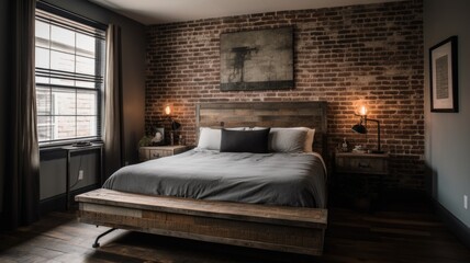 Wall Mural - Bedroom decor, home interior design . Industrial Rustic style with Exposed Brick Wall decorated with Metal and Wood material . Generative AI AIG26.