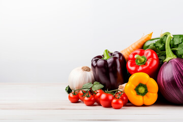 Organic vegetables  pepper, garlic, eggplant on white wooden background. Natural healthy food concept. copy space