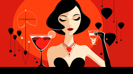 Art deco style valentines day party girl drinking a martini cocktail