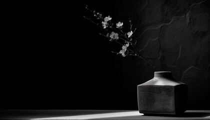 Sticker - Antique vase on rustic table, black and white still life generated by AI