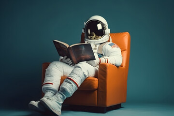Wall Mural - cute spaceman or astronaut sitting on a chair and reading book. ai generative