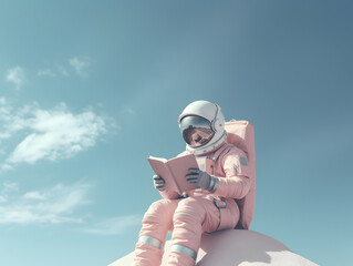 Wall Mural - cute spaceman or astronaut sitting on mountaintop and reading book.