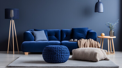 Two knitted poufs near dark blue corner sofa. Scandinavian home interior design of modern living room