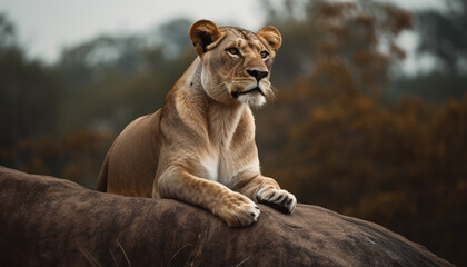 Wall Mural - Majestic lion resting in the savannah, alertness in his eyes generated by AI