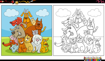 Wall Mural - cartoon cats and dogs animal characters group coloring page