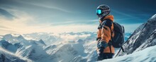A snowboarder is standing on a big mountain ready to go snowboarding. Generative AI.