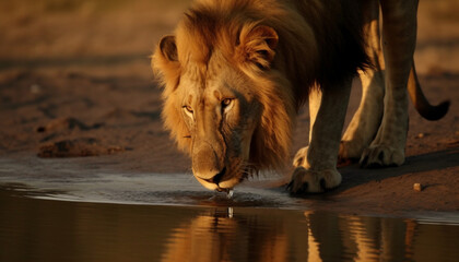 Wall Mural - Majestic lioness in the savannah, reflecting in tranquil waters generated by AI