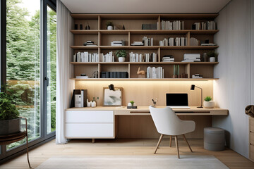 Interior design of modern scandinavian home office with desk and shelves