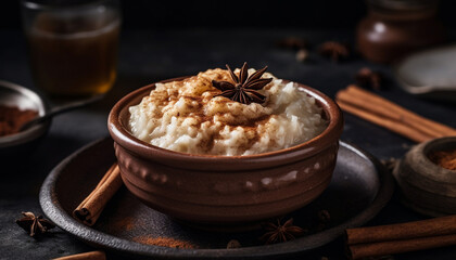 Poster - Homemade oatmeal dessert with fresh fruit and star anise seasoning generated by AI