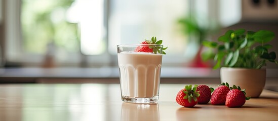 Sticker - In the bright kitchen of the airy flat, a white glass held a refreshing summer cocktail made of organic strawberry fruit, milk, and yogurt, perfect for a healthy breakfast option on a hot summer