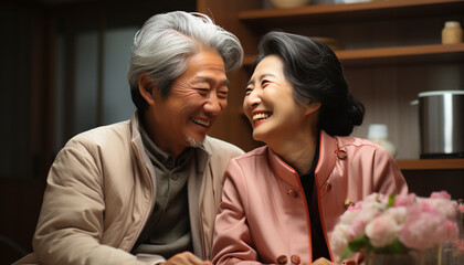 Wall Mural - Smiling senior couple embracing, enjoying retirement with love and happiness generated by AI