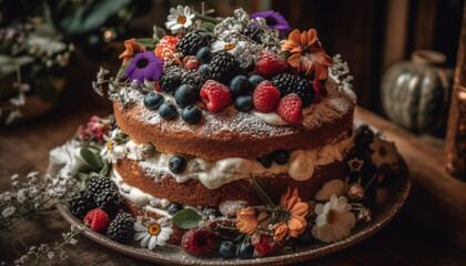 Sticker - Homemade berry cheesecake with fresh raspberry and blueberry decoration generated by AI