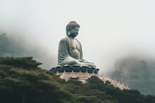 Buddha Statue In The Foggy Mountains, Hong Kong, Tian Tan Buddha In Hong Kong, AI Generated