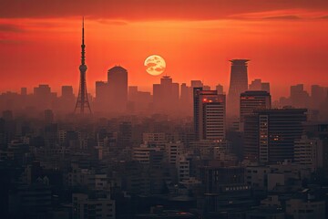 Poster - Tokyo city skyline at sunset, Japan. 3D rendering, Tokyo city at sunset, AI Generated