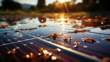 Canvas Print - Sunset over solar power station generates clean energy for environment generated by AI