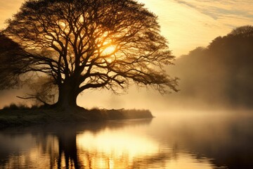 Wall Mural - Sunrise over a lake with a tree in the foreground and a mist, Tree reflected in river on misty morning, AI Generated