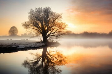 Wall Mural - Beautiful winter landscape with a tree on the river bank at sunrise, Tree reflected in river on misty morning, AI Generated