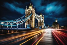 Tower Bridge In London At Night, UK. Long Exposure, UK London Tower Bridge At Night, AI Generated